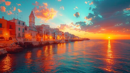 Breathtaking sunset over an old European coastal town with historic architecture