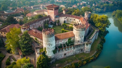 aerial view, Medieval castle with moat around it, 16:9