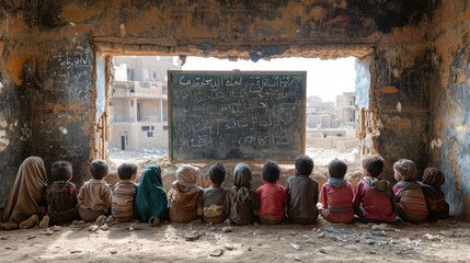 Children sit on the ground attentively learning in a war-torn classroom with a chalkboard - Powered by Adobe