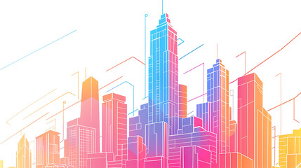 An abstract cityscape illustration with a blue and purple gradient.