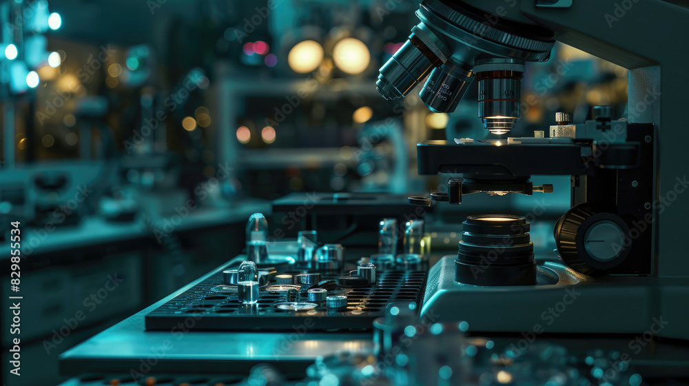 Wall mural close-up view of laboratory microscope with scientific instruments