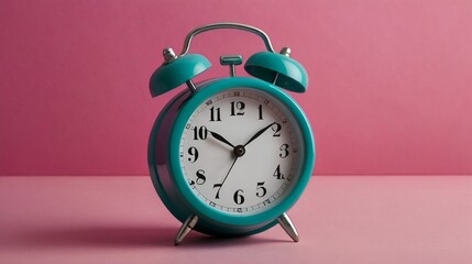 Vintage alarm clock on pink background. copy space