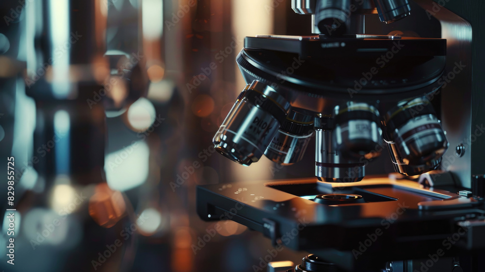 Wall mural close-up view of laboratory microscope with scientific instruments