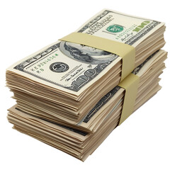 Stack of hundred dollar bills wrapped in a rubber band transparent background