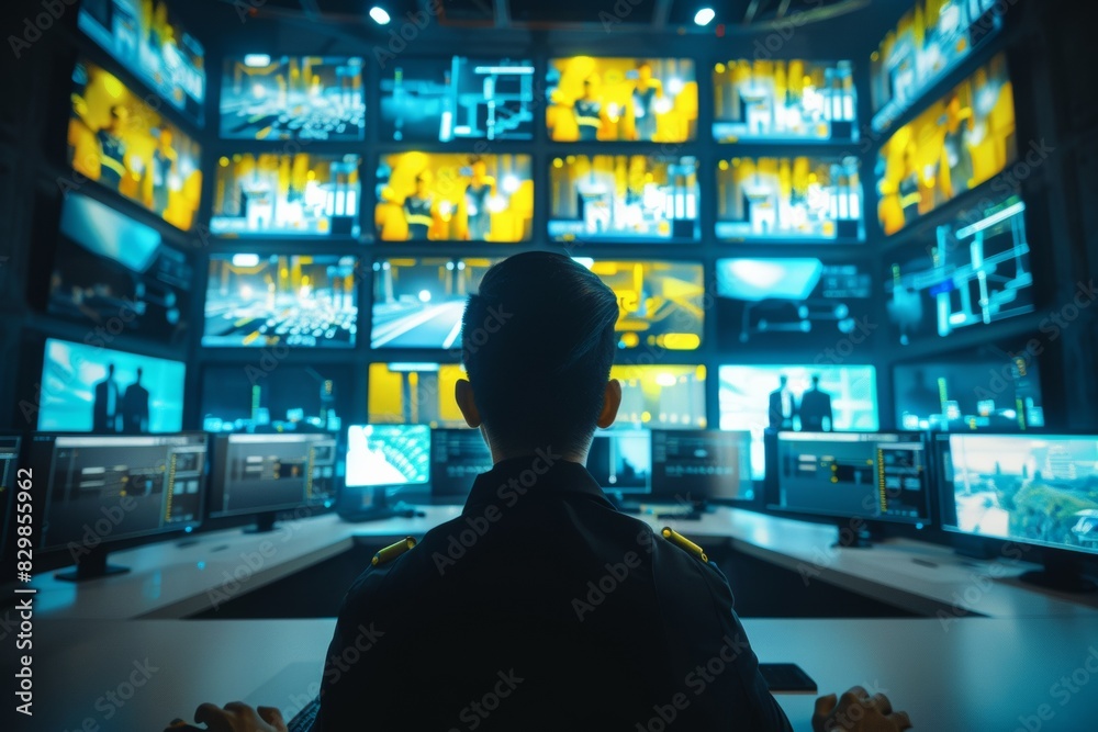 Aufkleber Diverse Security Team Monitoring CCTV in High-Tech Control Room During Daylight - Focus on Teamwork in Advanced Surveillance