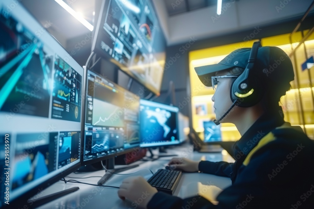 Poster diverse security team monitoring cctv in high-tech control room, daytime - emphasis on teamwork in a