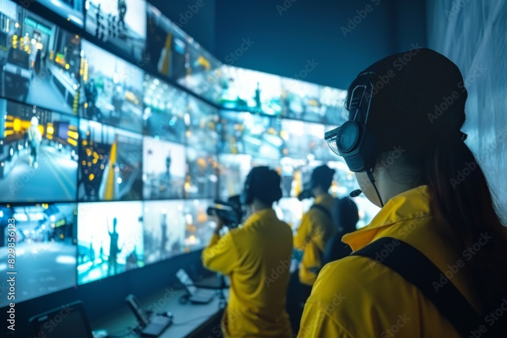 Poster diverse security team monitors cctv in high-tech control room during day, emphasizing teamwork and a