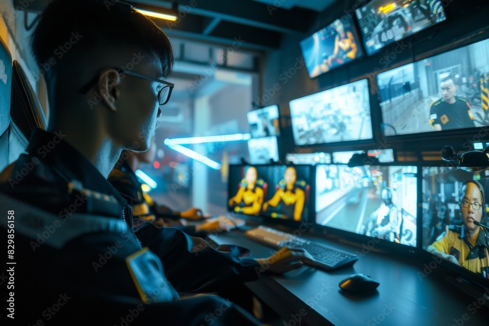 Poster diverse security team supervising cctv operations in a high-tech control room