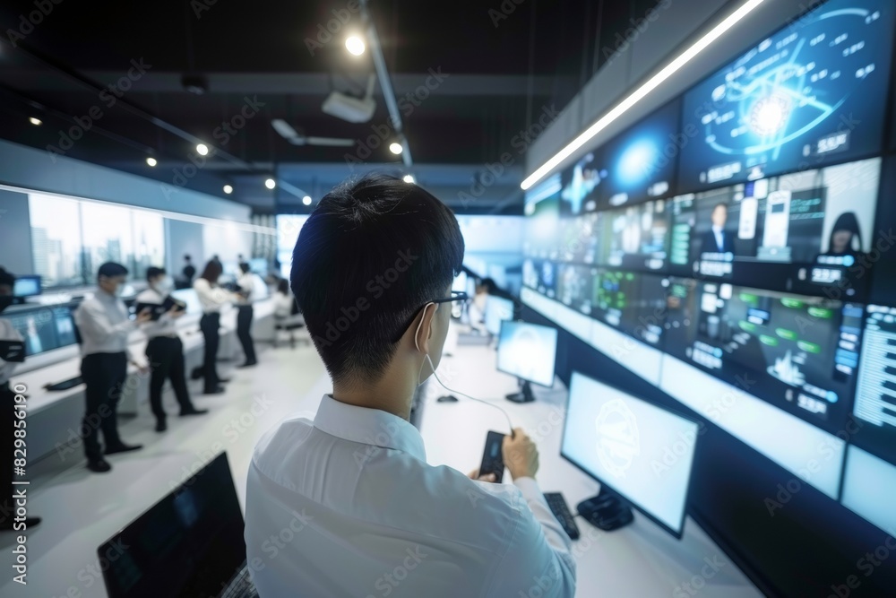 Poster Diverse Security Team Monitoring CCTV in High-Tech Control Room, Daytime Scene Illustrating Teamwork and Advanced Security Systems