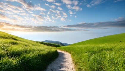 Obraz premium landscape with grass and blue sky, Nature walks at dawn, serene landscapes, green fields, hilly terrain, blue skies