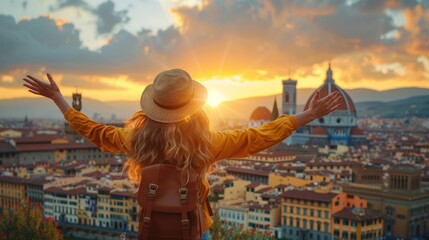 Fototapeta premium A woman enjoys a sunset with arms raised, overlooking Florence's iconic skyline