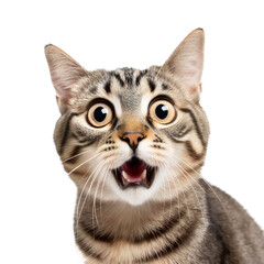 Naklejka premium Surprised tabby cat with wide eyes against white background