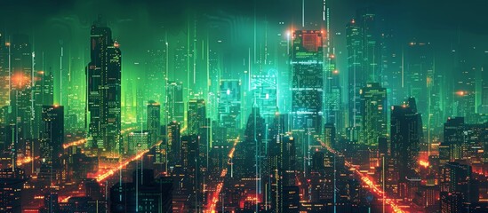 Futuristic Cityscape Illuminated with Neon Lights, Hi-Tech Urban Landscape, futuristic technology concept, graphic banner design