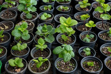 cluster of diverse small plants, each in its own pot, flourishing in a garden setting. The seedlings are thriving under the care of a dedicated gardener.
