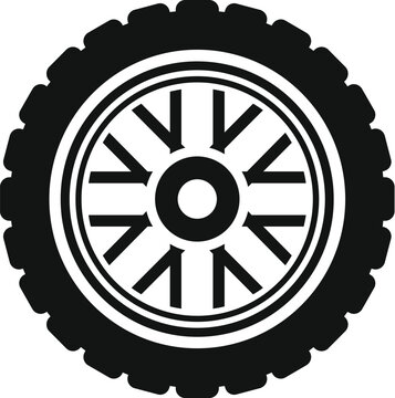 recommend clip art: Simplistic icon graphic of a car wheel with a tire and rim in monochrome