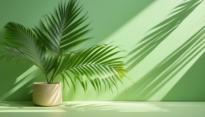 Subtle shadows of palm leaves on a light green wall, sun rays creating a calm, summer atmosphere
