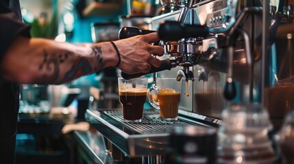 Barista Making Espresso: In a busy coffee shop, a barista expertly pulls shots of espresso, ensuring the perfect balance of flavor and crema