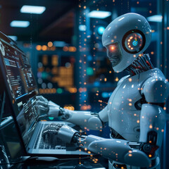A robot is sitting in front of a computer and typing on a keyboard. The robot is white and has a robotic appearance. Concept of technology and artificial intelligence
