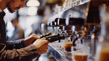 Barista Making Espresso: In a busy coffee shop, a barista expertly pulls shots of espresso, ensuring the perfect balance of flavor and crema