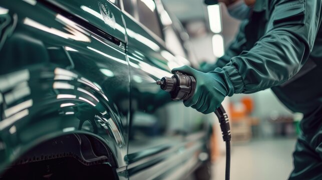 Car painter applying green paint to car part with spray gun in workshop for car body repair Intricate vehicle body restoration