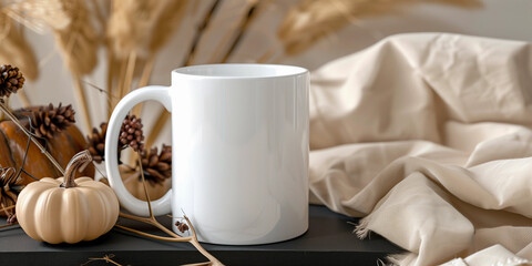 Plain blank white coffee cup ceramic mug for POD mockup for Halloween fall autumn pumpkin minimalist cosy chic modern boho natural rustic brown beige earthy tones custom gift print on demand template 