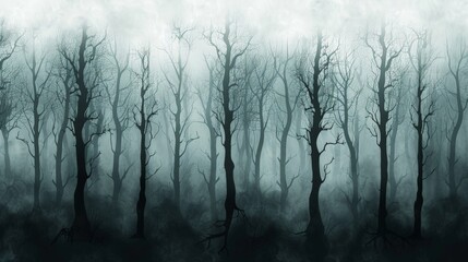 Create a minimalist digital artwork depicting an eerie atmosphere in a dark forest. Use simple shapes and muted colors to illustrate tall, shadowy trees with twisted branches. Add a subtle fog effect