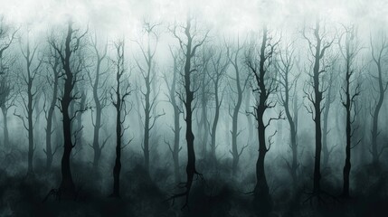 Obraz premium Create a minimalist digital artwork depicting an eerie atmosphere in a dark forest. Use simple shapes and muted colors to illustrate tall, shadowy trees with twisted branches. Add a subtle fog effect