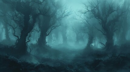 Create a minimalist digital artwork depicting an eerie atmosphere in a dark forest. Use simple shapes and muted colors to illustrate tall, shadowy trees with twisted branches. Add a subtle fog effect