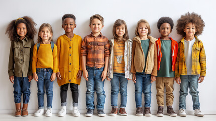 Naklejka premium Close up of group of smiling different raced schoolchildren dressed in colourful clothes on white background. Selective focus. School time concept 