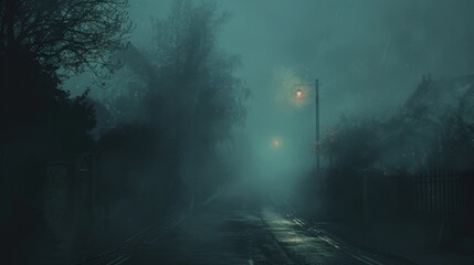Develop an eerie fog artwork with a minimalist style. Illustrate a dark, empty street enveloped in thick, rolling fog. Use simple shapes and a limited color palette to create a sense of isolation and