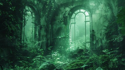 Illustrate an abandoned place with a minimalist approach. Depict a deserted, crumbling building with overgrown vegetation and broken windows. Use stark contrasts and clean lines to create a chilling,