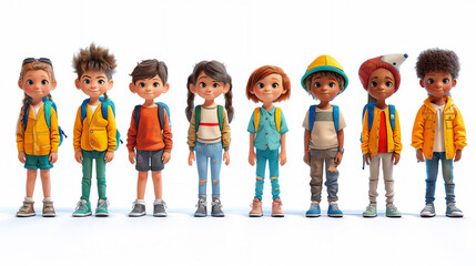 Fototapeta premium Illustration of cartoons schoolchildren of different races and dressed in colourful clothes on white background. Selective focus. School time concept
