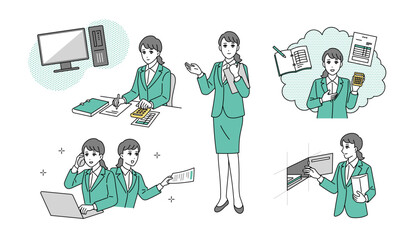 経理会計職のビジネスパーソンの様々なビジネスシーンのイラストセット