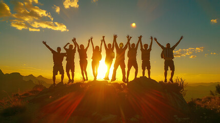 Silhouette of group of people jumping in the air in front of bright sunrise in mountain
