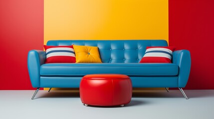 A modern blue sofa with colorful cushions and a red ottoman in front, set against a vibrant red and yellow wall