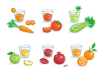Set of six fresh vegetable and fruit juices. Picture in line style. Template for menu design. Isolated on white background. Vector flat illustration.