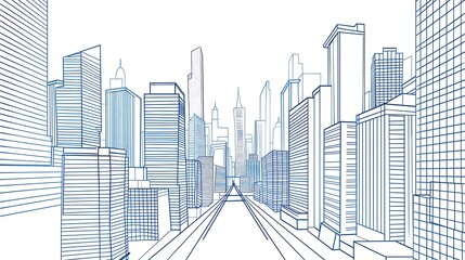 Cityscape in blue lines. The image shows a perspective view of a modern city with skyscrapers and high-rise buildings.