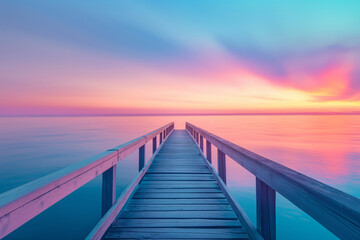 Obraz premium Sunset Pier by the Sea: Wooden Bridge Over Ocean in shades of pink