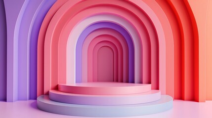 A colorful abstract 3D rendering of a series of arches in shades of pink, purple, and orange, leading to a central platform