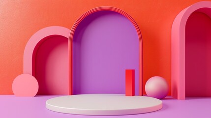 Abstract geometric shapes with arches and spheres in vibrant pink, purple, and red colors. The composition features a circular platform in the foreground