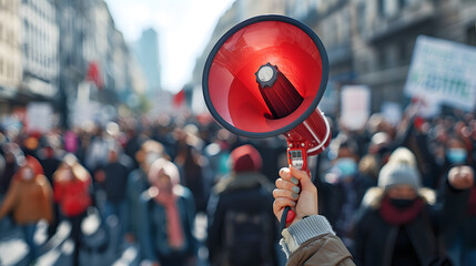 Social dissatisfaction and protest concept with large crowd protesting in the street with focus on loud speaker in woman's hand