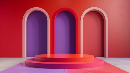 A modern, colorful interior with three arched doorways and a circular, tiered platform in the foreground. The walls are painted in shades of red and purple, creating a vibrant and artistic atmosphere