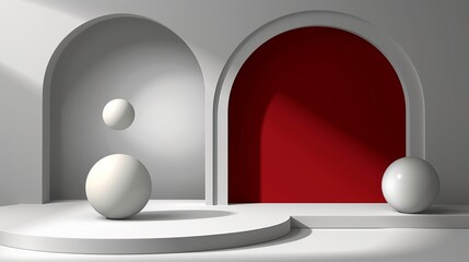 Minimalist 3D rendering of geometric shapes including spheres and arches in a modern, abstract setting with a red accent wall