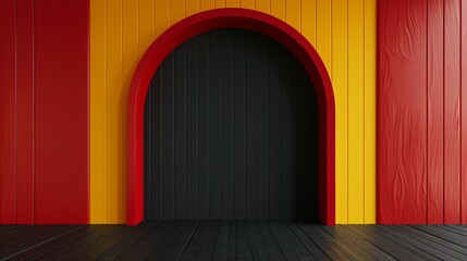 Fototapeta premium A modern, colorful interior wall with a large archway. The wall features vertical panels in red, yellow, and black, with a textured wood pattern on the red panels. The floor is dark wood.