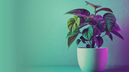 Colorful Indoor Plant in Cyan Neon Light – Minimalist Geometric Decor on Simplistic Background