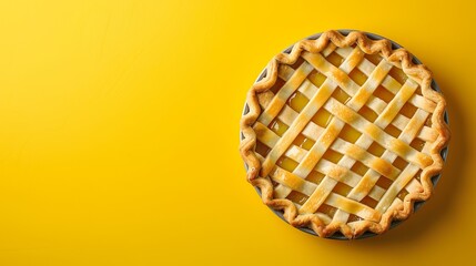 A freshly baked lattice-top pie on a vibrant yellow background