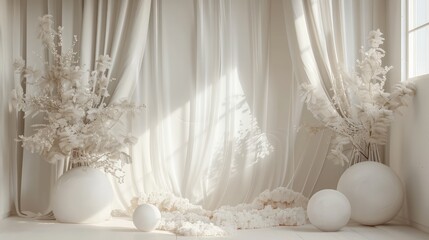 A white room with white curtains and white flowers in vases