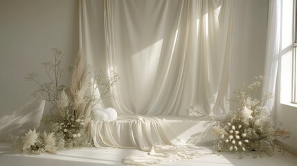 A white room with a white curtain and a white bed