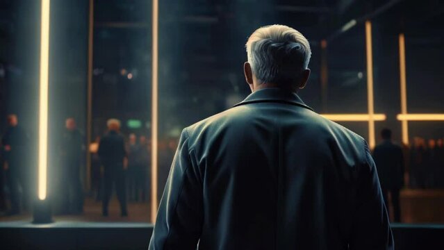 Rear view of businessman near reception. Share. There is a glass-walled office. Blurred back view of businessman in hotel