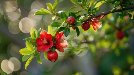 Fototapeta premium Close up of pomegranate tree s flowers and foliage